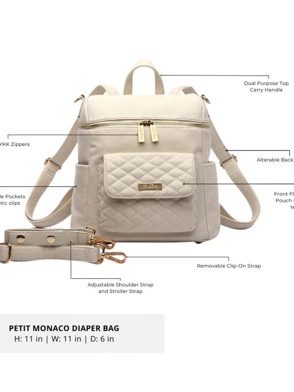 Luli Bebe Petit Monaco Diaper Bag- Pearl White - Picture 6 of 7